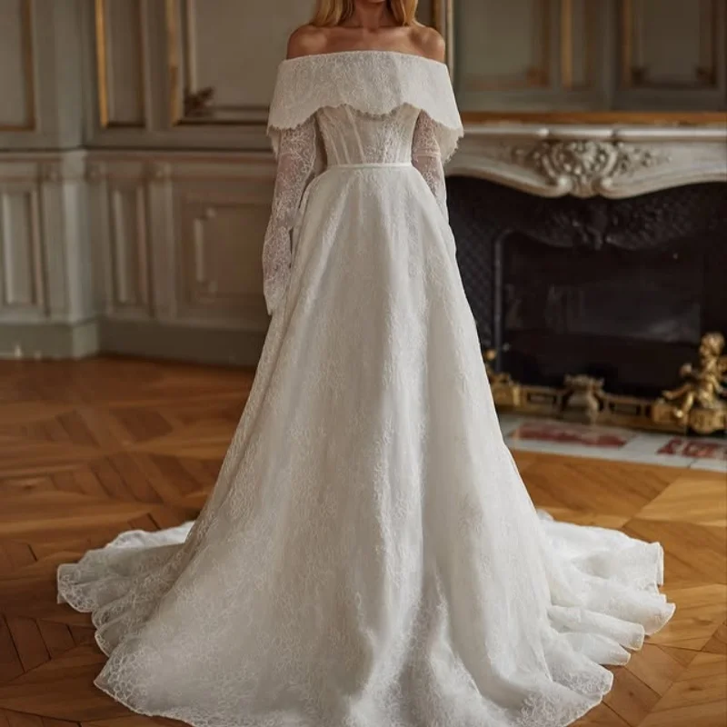 Lace White Appliques Wedding Dresses off-shoulder flower decal A skirt long sleeves Gowns Made wedding dress Customized