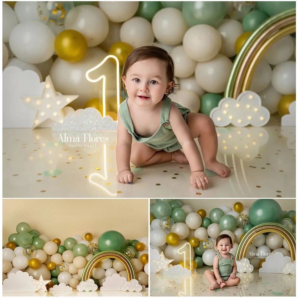 

Green Rainbows And Clouds Photo Background Baby Shower Kids Birthday Party Photography Backdrop Cake Smash Photo Studio Props