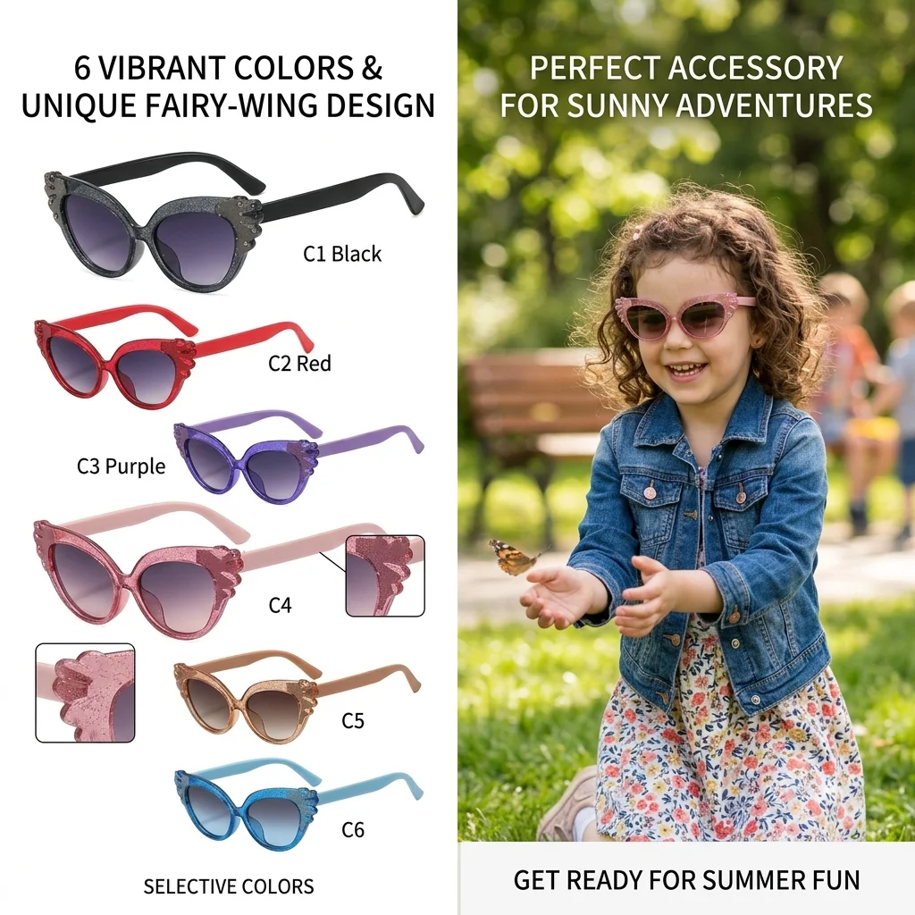 Sparkly Wing Shape Children Sunglasses Trendy Girls Princess Sun Glasses Colorful Lens Kids Eyewear Birthday Party Gift Decor