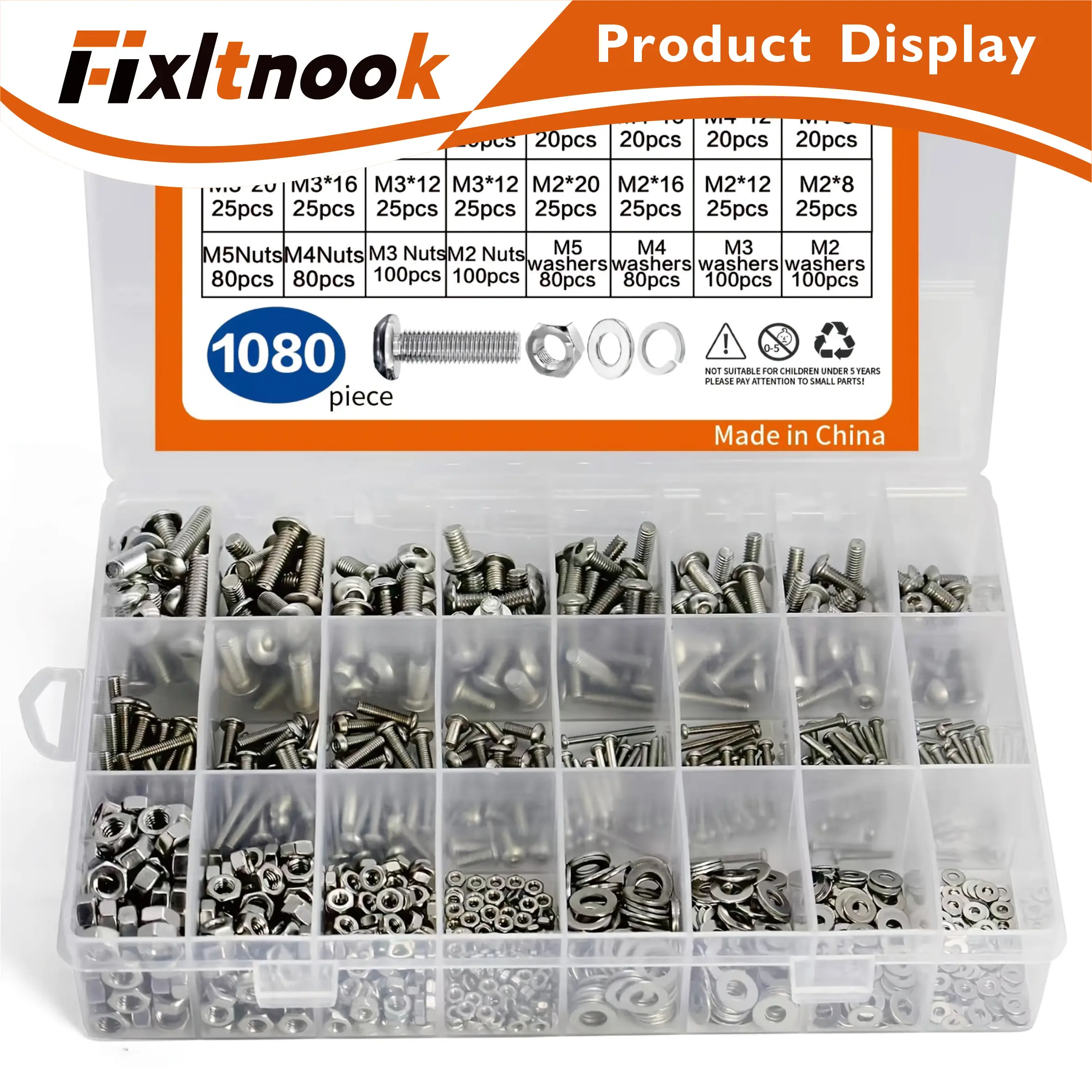 

1080 M2 M3 M4 M5 Button Head Socket Cover Bolts, Nuts, Flat Washers, With Storage Box Combination Kit