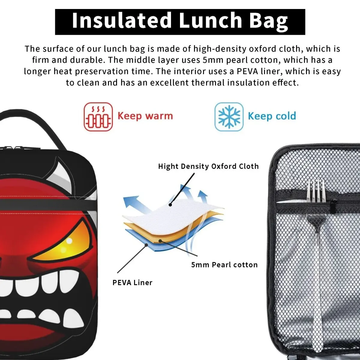 Video Game Geometry Dash Insulated Lunch Bag for Women Kids Portable Food Boxes Thermal Lunch Box Tote