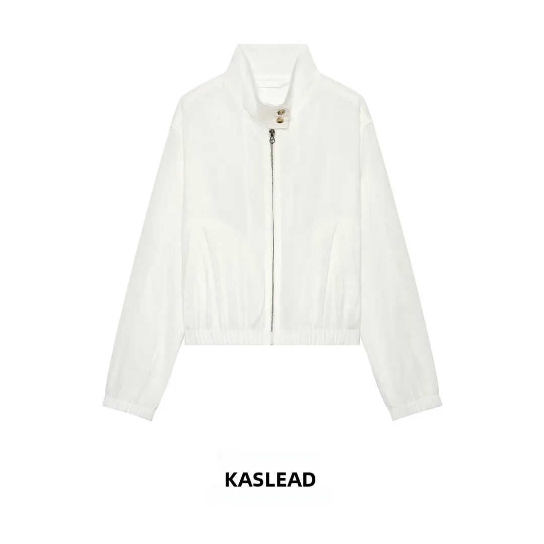 KASLEAD New Women's Fashion Versatile Button Stand Collar Pocket Elastic Outerwear Short Coat Polyester Fiber Long Sleeve