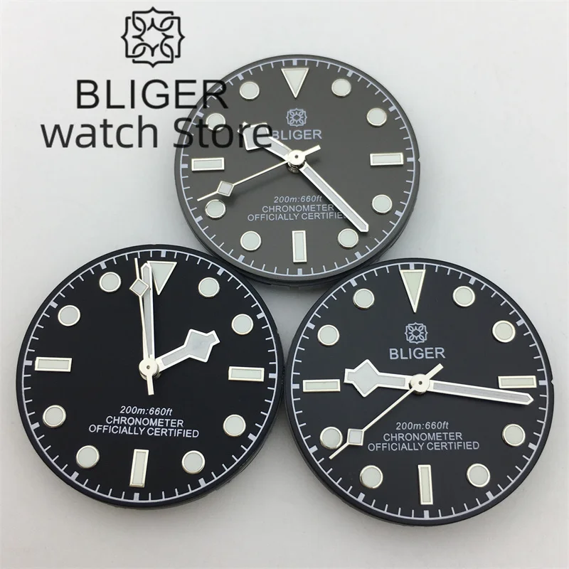 BLIGER 29mm Dial Black Gray Green Blue white Dial Tape Pointer Green Luminous Fit NH35 NH36 ETA2824 PT5000 Miyota DG Movement