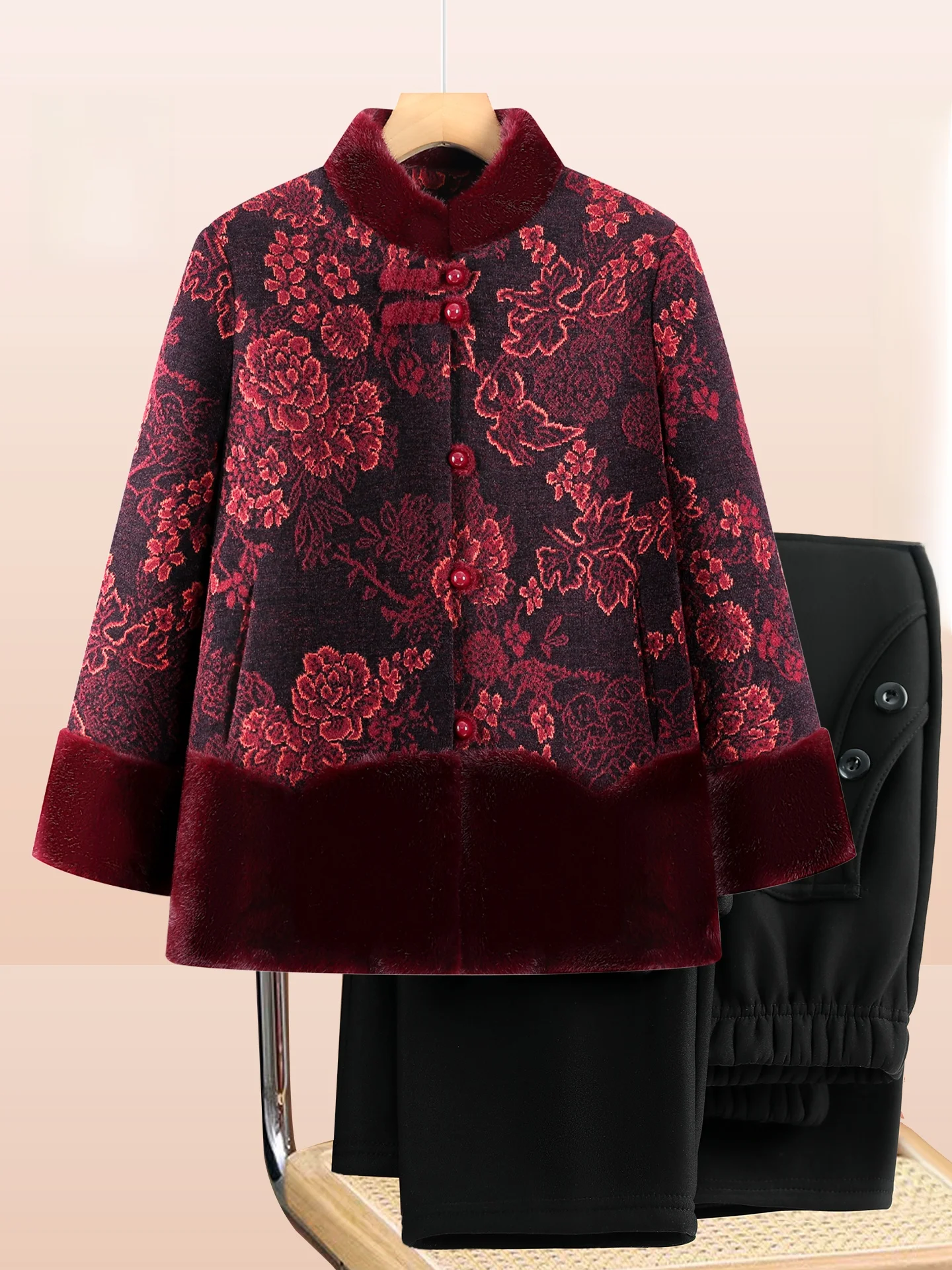 

Thiened Chinese Sle Stand Collar Cotton Jaet for Middle-Aged And ly Women Winter Outerwear Faux Fur Coat