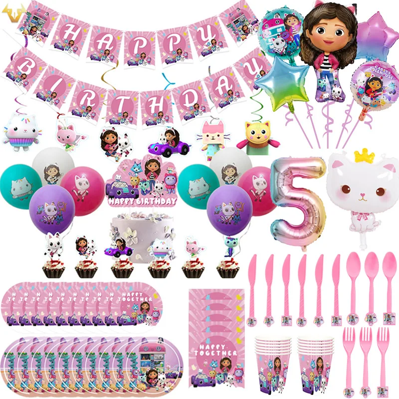 Gabby – maison de poupée thème chats, fournitures de décoration de fête d'anniversaire pour enfants, gâteaux, vaisselle, tasses, drapeau, ballon, décoration de réception-cadeau pour bébé