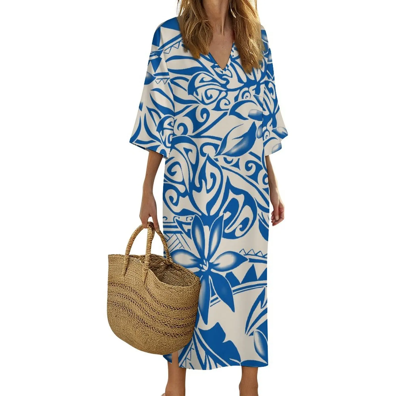 Simple And Elegant Summer New Custom-Made Clothing  Polynesian Floral Print Tribal Art Design Long Dress For Women