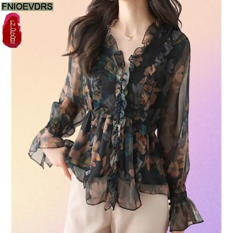 S-3XL 2024 Women Spring Basic Wear Chiffon Shirts New Chic Design Retro Vintage Button Flower Peplum Belly Ruffles Tops Blouses