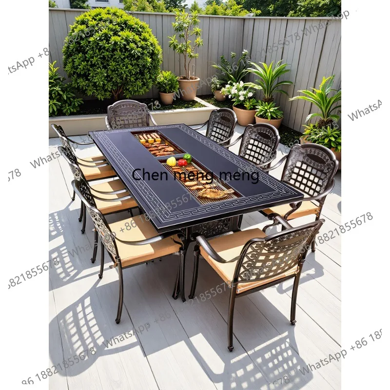 Outdoor tables and chairs, courtyard garden, terrace charcoal grilled electric grilled long table wrought iron home, barbecue