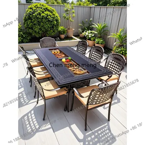Outdoor tables and chairs, courtyard garden, terrace charcoal grilled electric grilled long table wrought iron home, barbecue