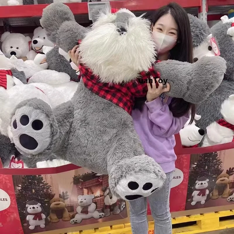 ตุ๊กตาชเนาเซอร์เหมือนจริงพร้อมหมวกซานต้า เสื้อเชิ้ตลายสก๊อต ตุ๊กตาสัตว์นุ่ม ตุ๊กตาขนาดใหญ่ ของขวัญคริสต์มาสสำหรับเด็กและผู้ใหญ่