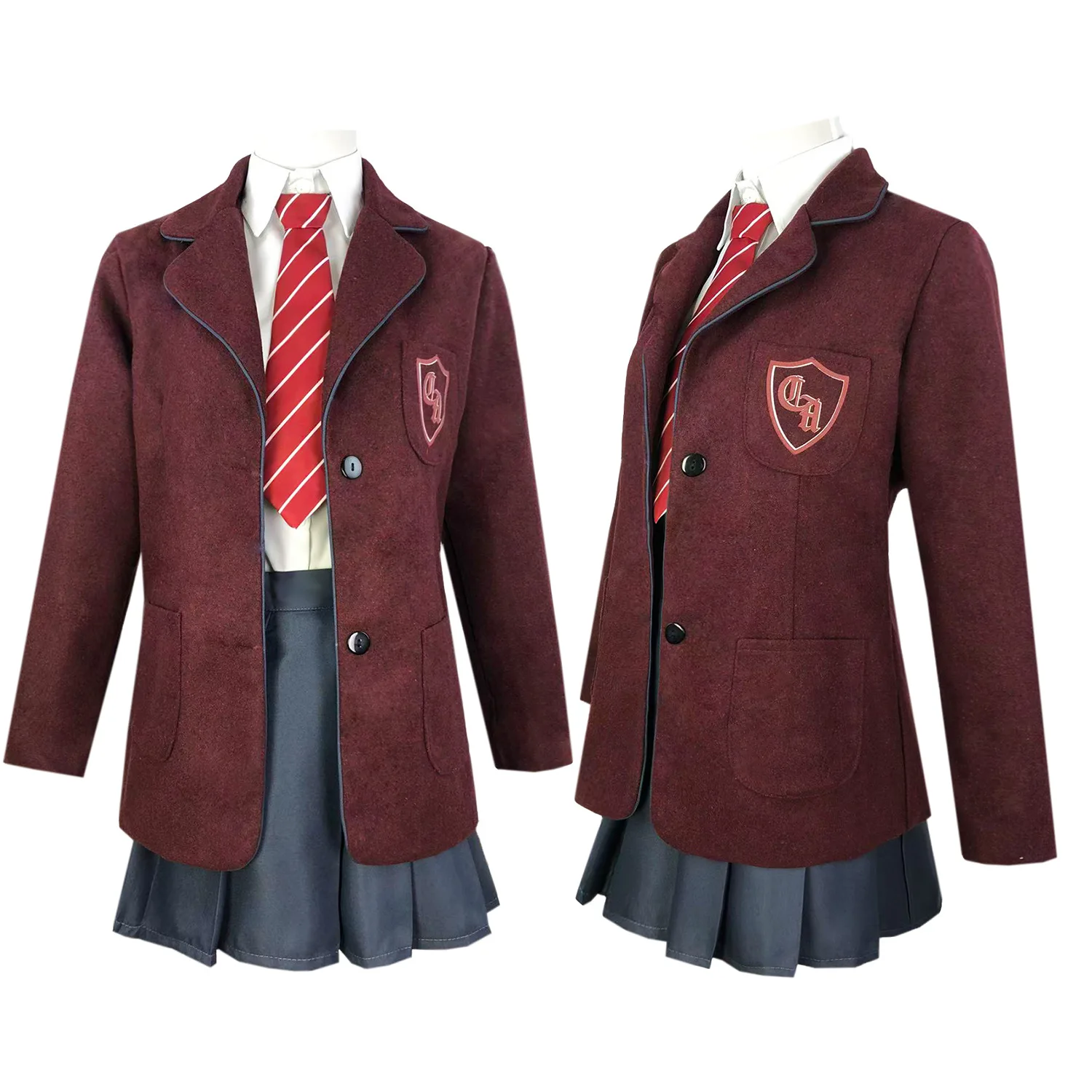 

Matilda Musical Cosplay School Uniform Full Set Burgundy Blazer Badge Shirt Tie Pleated Skirt Outfit for Women Stage Costume