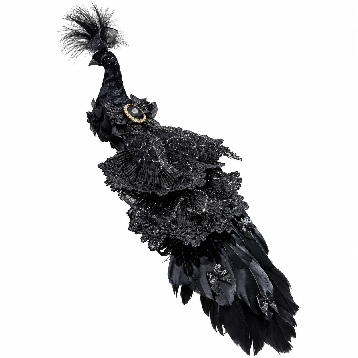 1PCS Lace Black Peacock Ornament Artificial Simulation Bird Christmas Tree Decor Gem Peacock Figurine Wedding Home Holiday Decor