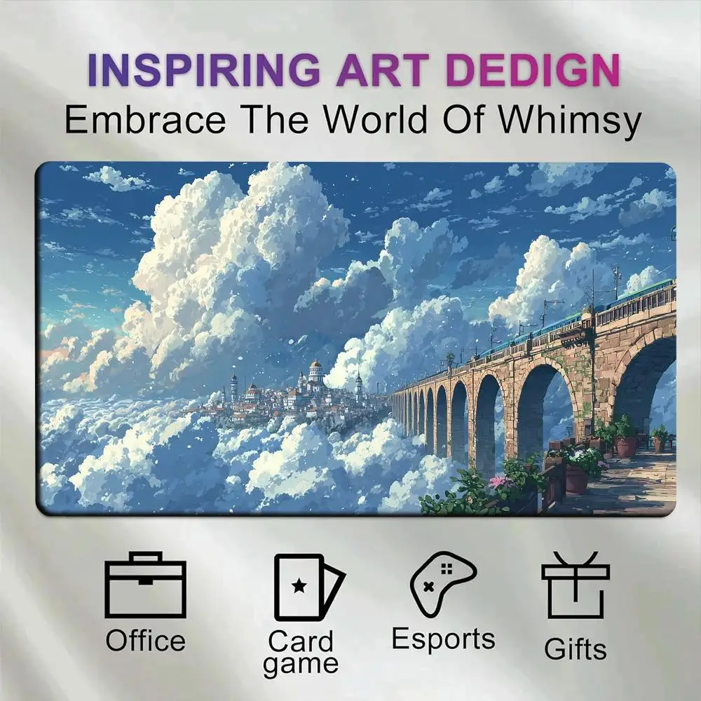 Anime Fantasy City Above Clouds Large Mouse Pad Stone Arch Bridge Train Blue Sky Cumulus Cloud mousepad gamer