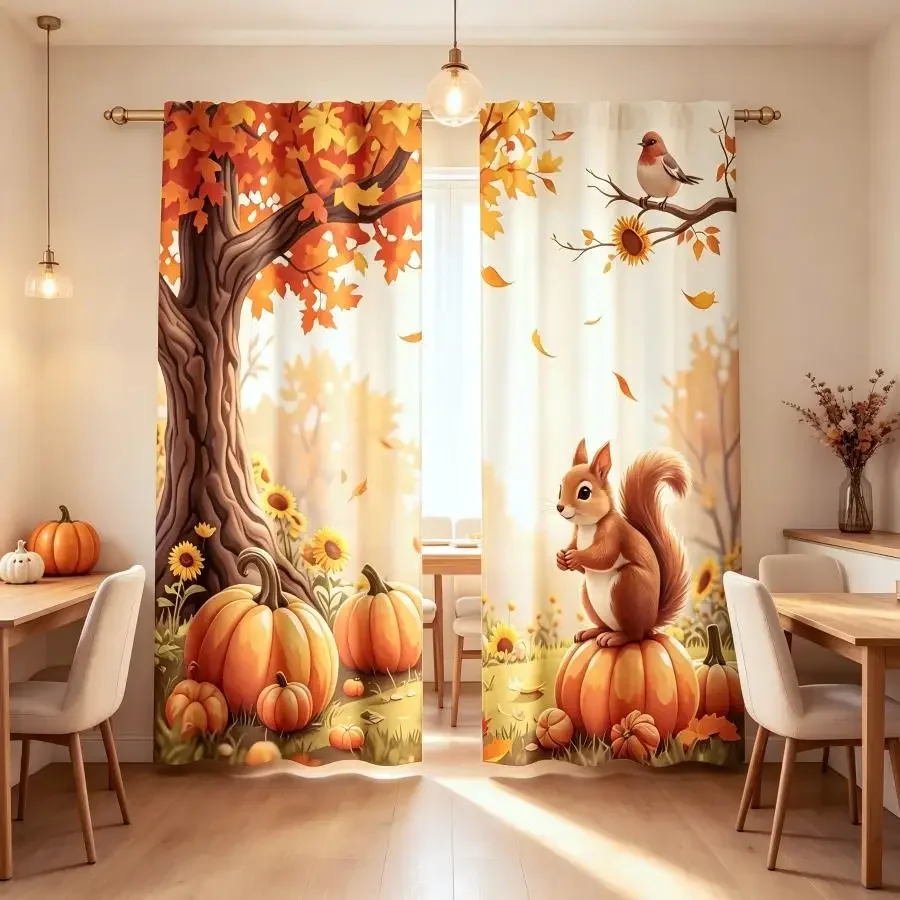 Autumn Fall Forest Scene Curtain Window Drapes Cute Squirrel Pumpkin Fall Decor for Living Room Nursery