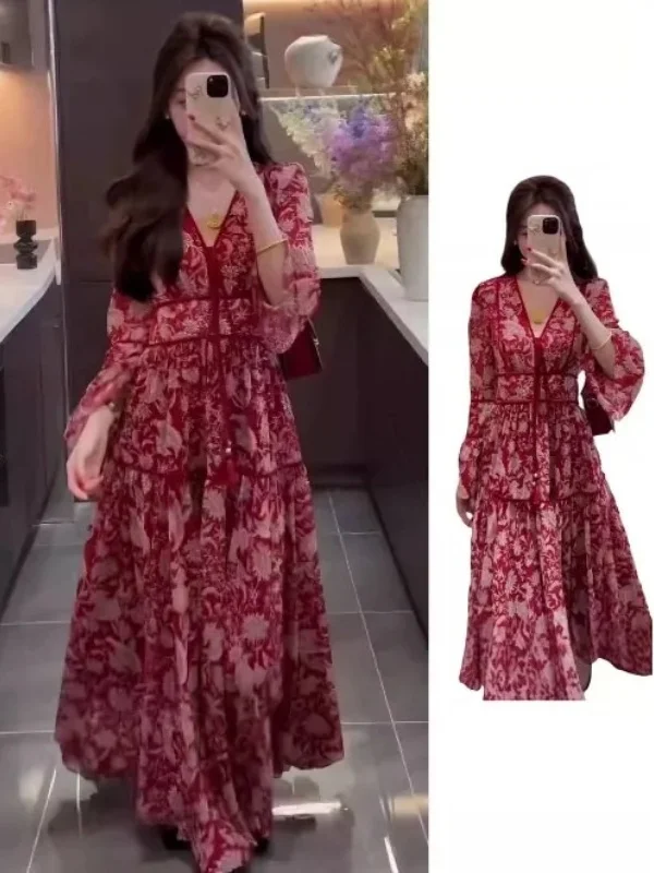 Novedad de verano Sle rojo Floral v-ne mujer Dr Eth Vintage vacaciones cintura alta A-line falda larga Sve Commute Dr