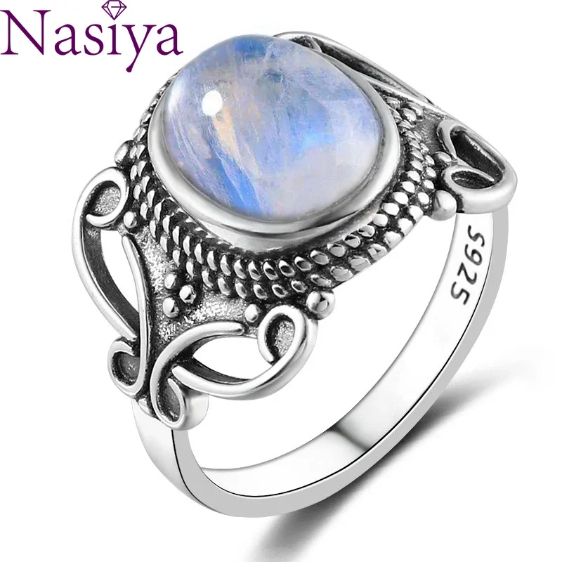 Nasiya New Vintage Ethnic Rings For Men Women Silver Color Natural Moonstone Jewelry Wholesale Dropshipping Gift