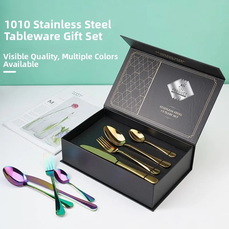 

Stainless Steel Titanium Gold Cutlery Set 24 Pieces Steak Knife Dessert Spoon Gift Box Set Western Dining Utensils