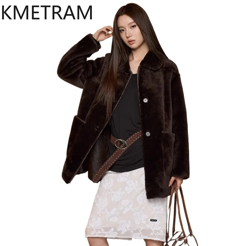 KMETRAM peau de mouton mérinos naturelle avec laine attaché manteau revers mi-long véritable veste de fourrure hiver femme vêtements шуба ж misce mena