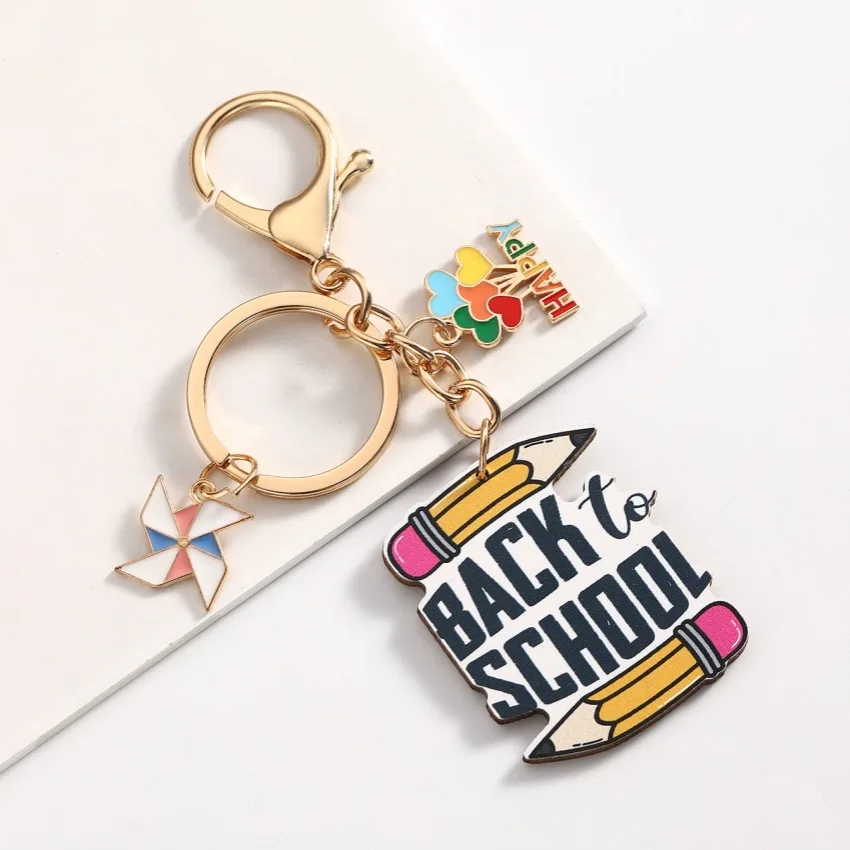 Students Gift Ideas Keychain Opening Season BACK TO SCHOOL Wooden Books Pencil Letters Windmill Key Chain for Girls Jewelry Gift