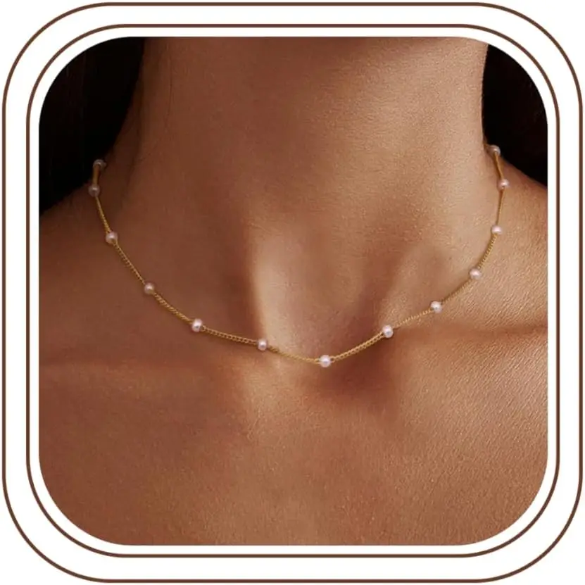 

Gold Pearl Choker Necklace for Women, Simple Strand Chain Jewelry Gift
