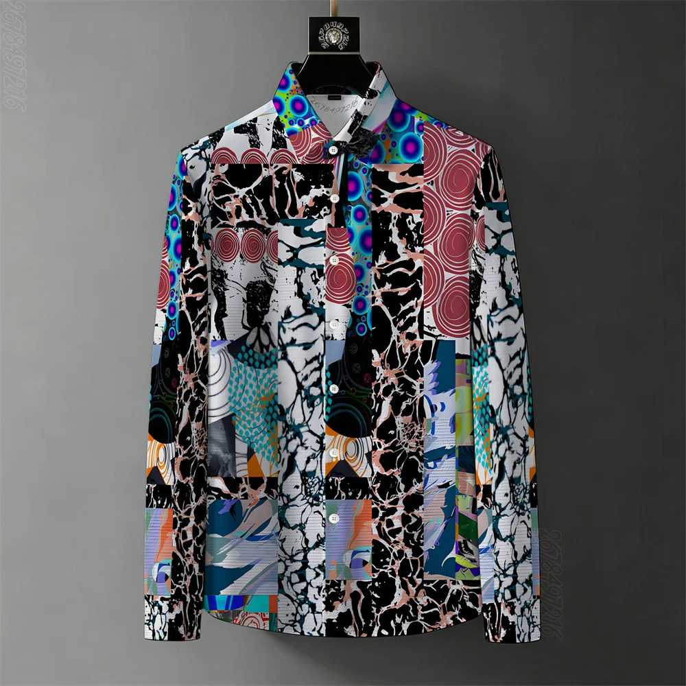 2026 New Men's Abstract Art Digital Print Long-Sleeve Shirt, Trendy Patchwork Graffiti Style Casual Versatile Wrinkle-Free Shirt