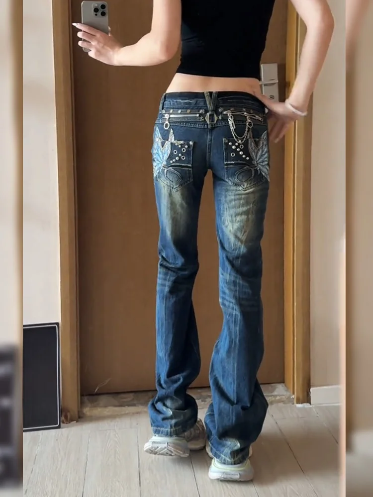 Retro American Street Style Women's Jeans  Embroidery Slimming Design Low Waist Denim Pants Vintage Look Fashionable