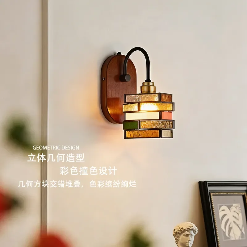 Vintage Mediterranean Stained Glass Wall Lamp Japanese Retro Style Sconce for Living Room Background Balcony Corridor Aisle
