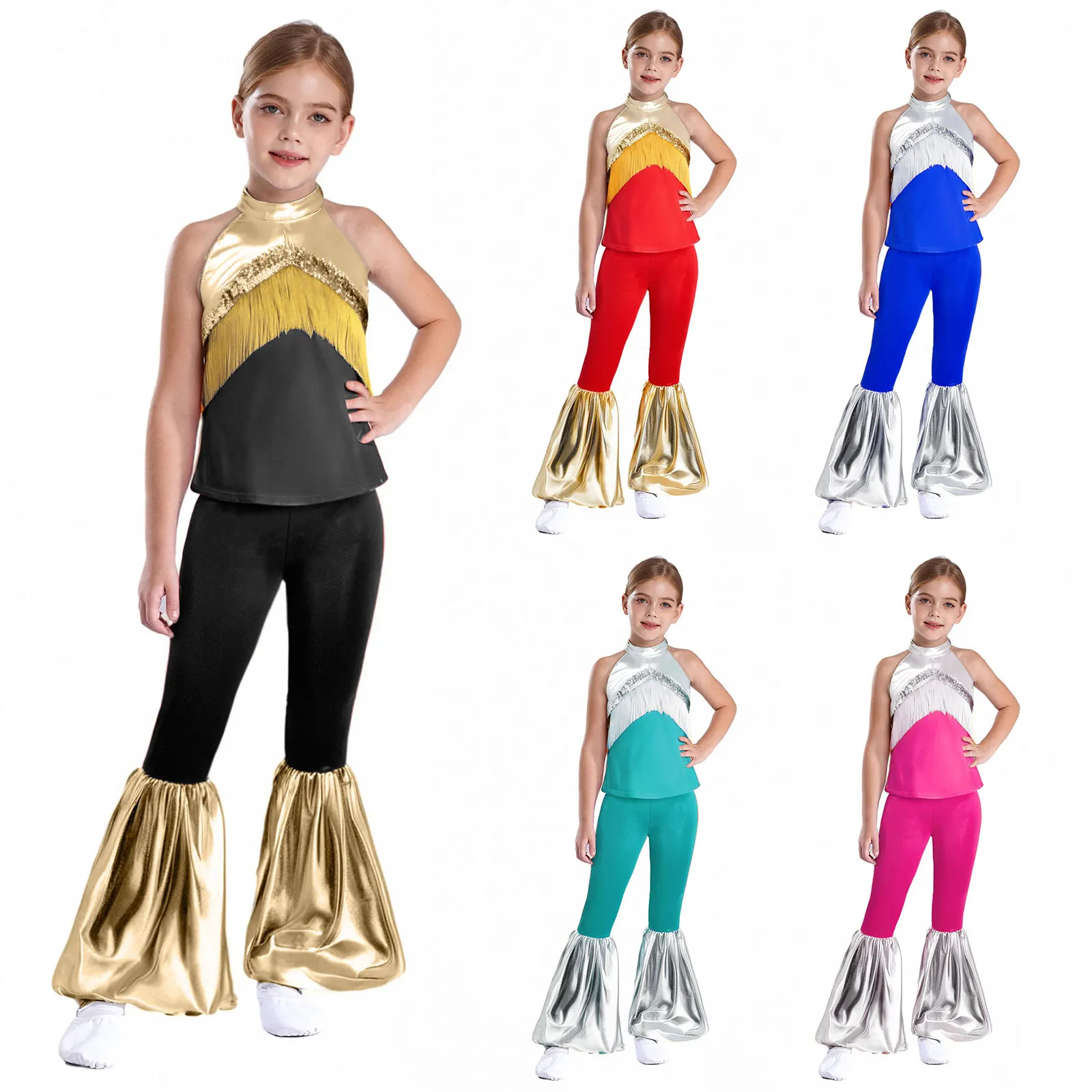 Kinderen meisjes disco sets hippie cosplay outfits prestatie kostuum lovertjes halter top met wijde pijpen broek voor jaren '70 themafeest