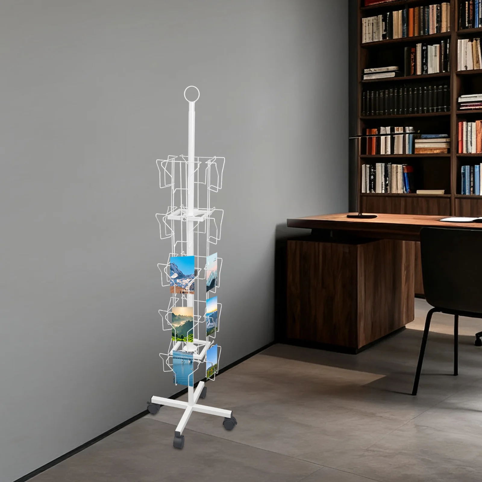 

White Cold-rolled Steel 1.52m Five-story Rotating Greeting Card Holder Wheeled Display Stand Mobile Card Display Stand