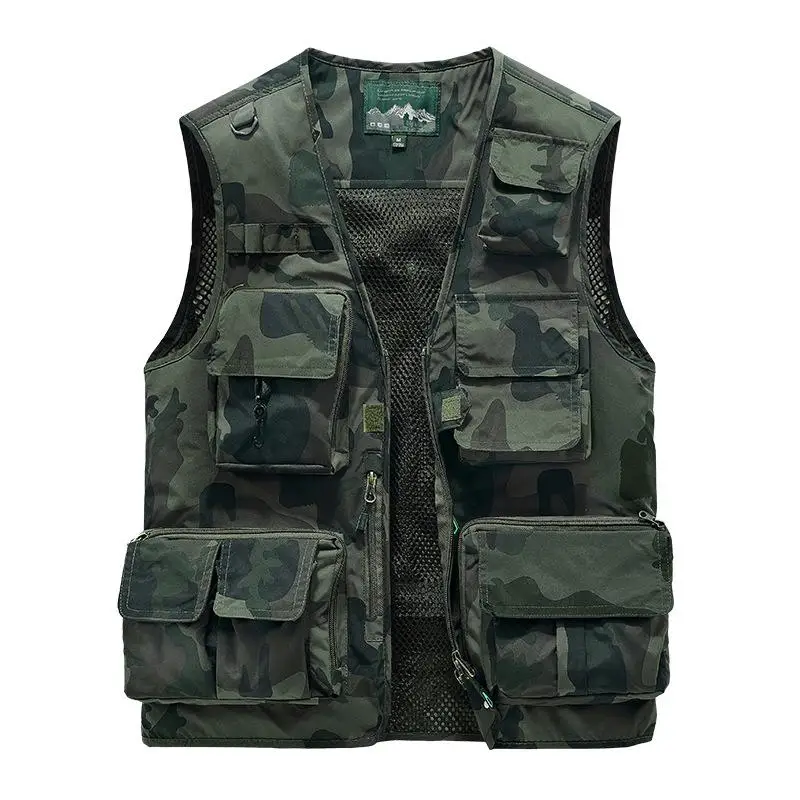 Men'S Outdoor Sports Camouflage Vest Travel Hiking Fishing Hunting Multi-Pockets Mountaineering Adventure Jacket Green 6XL 7XL