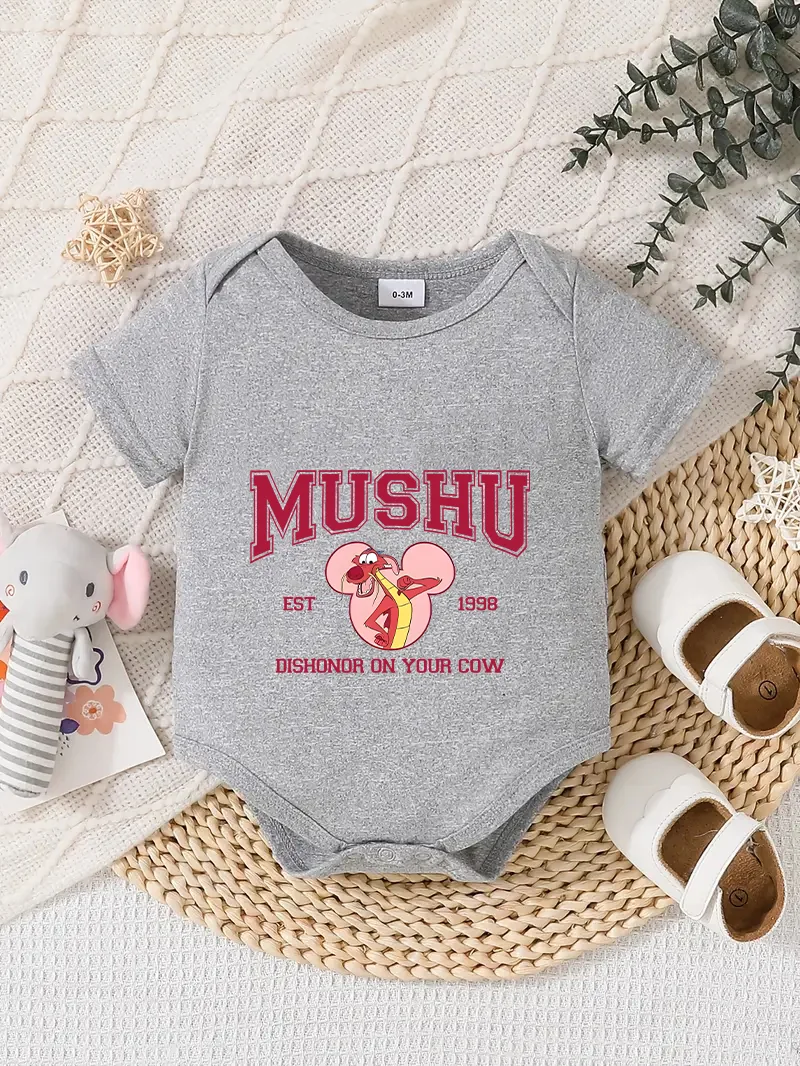 

【Officially Authorized】 Disney "Mushu" Baby triangle onesie: "Dishonor On Your Cow" Varsity Print, Soft Comfortable Fabric