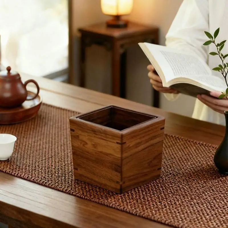North American Black Walnut Solid Wood Desktop Trash Can Household Chinese Tea Room Waste Bin Living Room Mini Paper BasketZJ340
