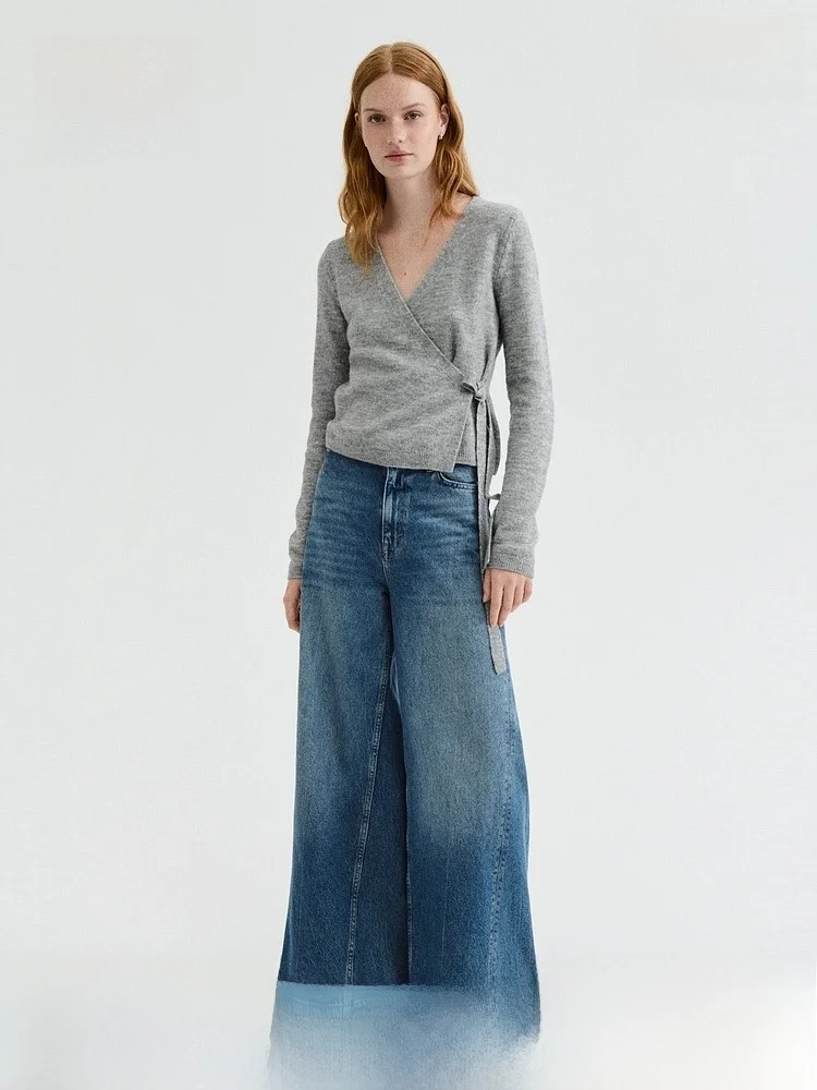 

H&M Women's Knitted Wrap Cardigan Spring Season Trendy Warm Casual Sle Binding Design Polyester Wool Blend Open Front