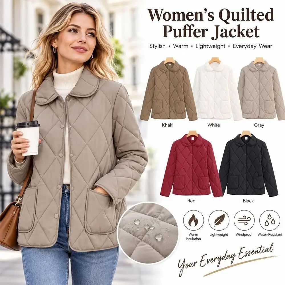 Rhomb Pattern Short Cotton Coat Warm Lining Big Pocket Casual Down Jacket Double-sided Wearable Turn-down Collar Light Jacket