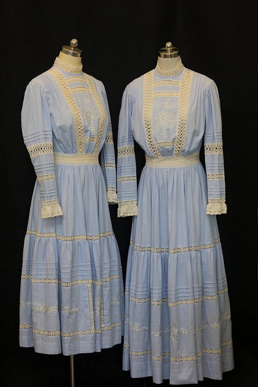 

Spring Autumn Original Design Women Edwardian Vintage Recreation Cottogecore Hollow Out Lace Embroidery Cotton Blue Dresses