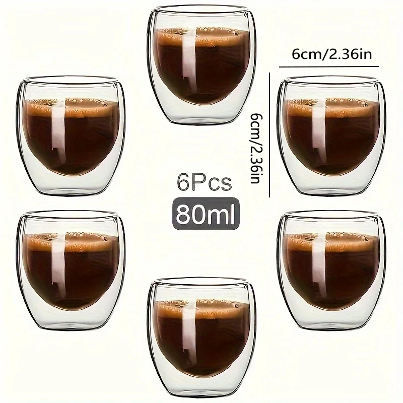 6pcs Glass Espresso Coffee Mugs 2.7OZ,Double Wall Insulated Cups Set Drinking Glasses For Tea,Coffee,Latte,Cafe,Milk,Clear
