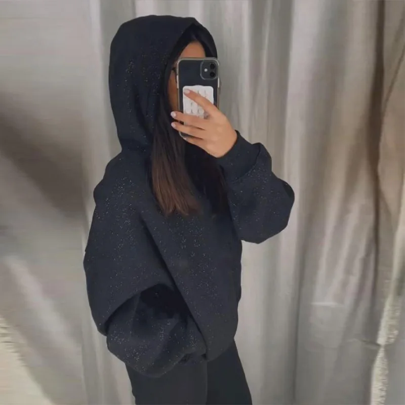 أسود بريق بلينغ مقنعين البلوز المرأة عادية كم طويل الأساسية النمط الكلاسيكي البلوفرات جديد عصري سيدة بلوزات بلايز