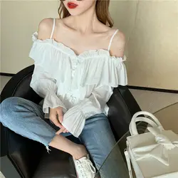 One-shoulder Strap Ruffled Chiffon Shirt for Women Niche New Long-sleeved Top