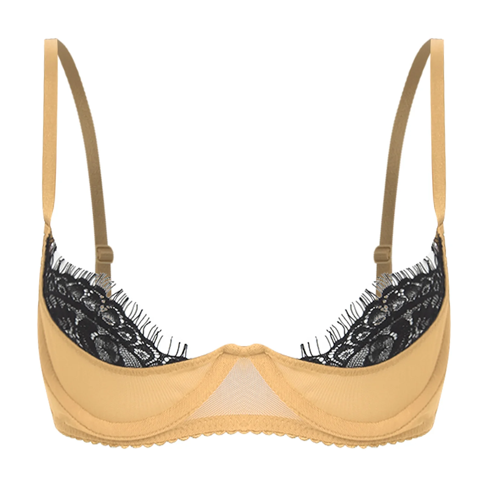 Women See Through Lace Trim Push-up Underwire Bra Lingerie Top Sheer 1/4 Cups Bra Adjustable Shoulder Straps Balconette Bralette