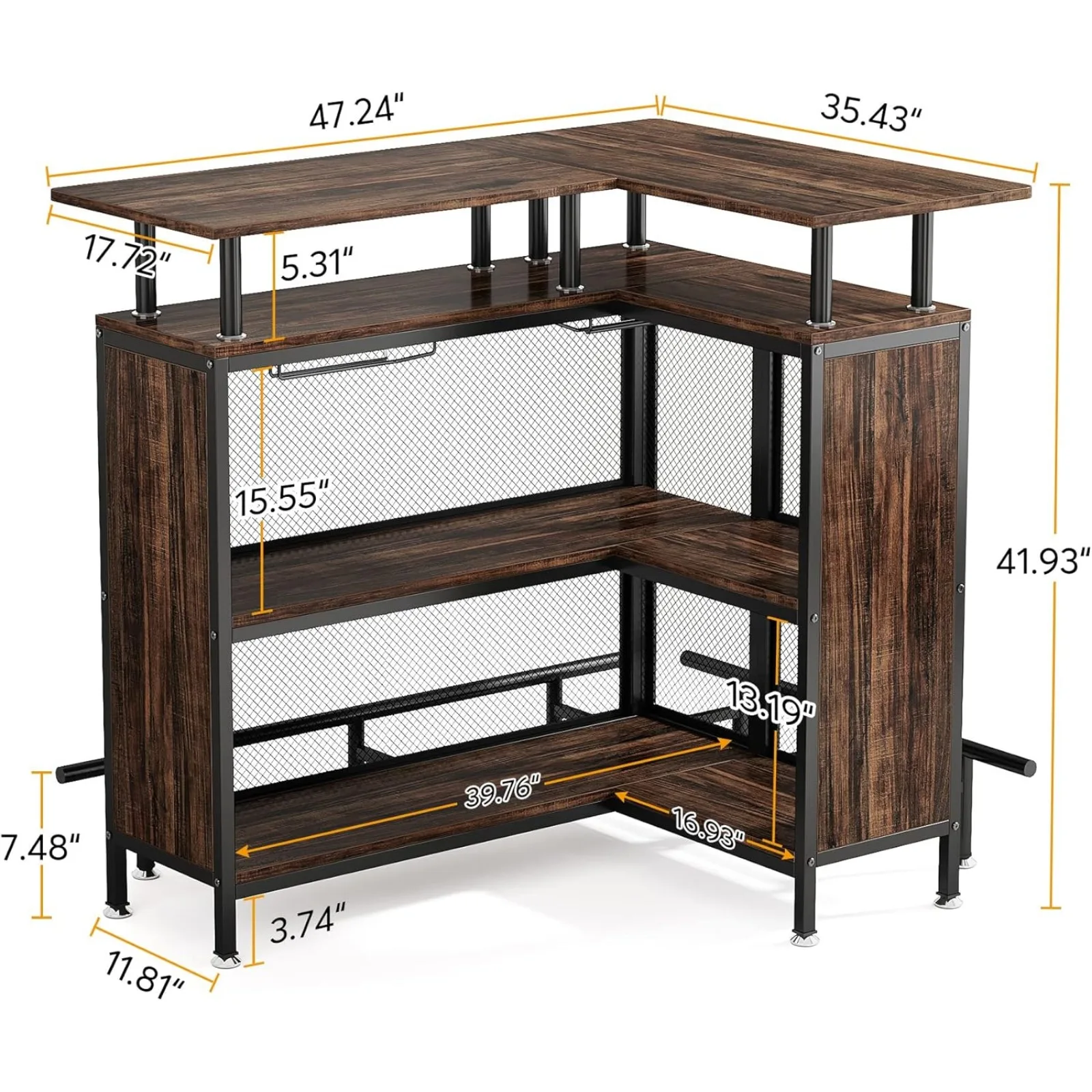 US Home Bar Unit, L-Shaped Bar Table with Stemware Racks and 2-Tier Shelves, Corner Mini Coffee Liquor