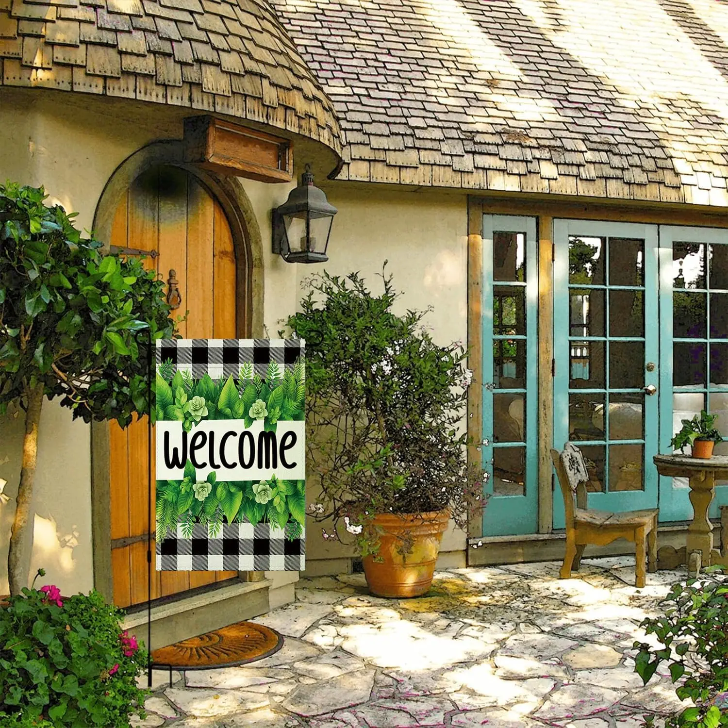 iWeeta Welcome Garden Flag 12x18 Inch Double Sided Outside, Tropical Greenery & Buffalo Check 'Welcome' Porch Ya LLO LLX uui