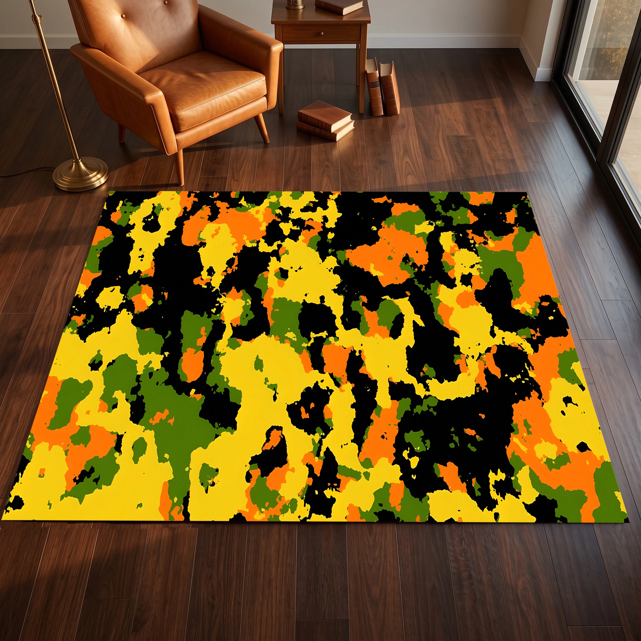 2D Carpet with Contrasting Color Patches and Blurred Patterns in Retro Art Style for Living Room, Bedroom, and Coffee Table Area