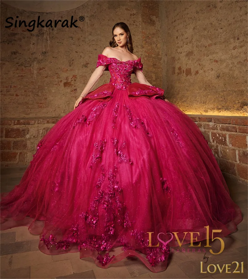 Nieuwe Design Luxe Fuchsia Glanzende Prinses Quinceanera Jurk 202316e Verjaardagsfeestjurk Appliques Kristallen Vestidos De 15 Años