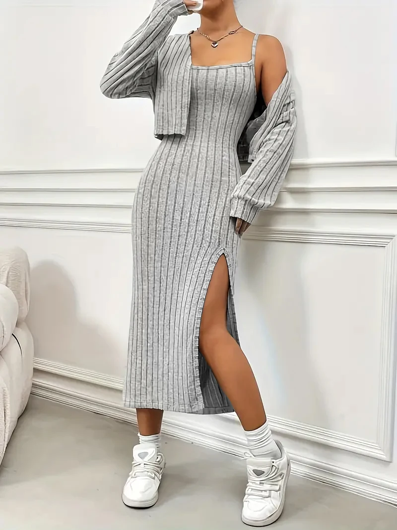 Plus Size Women 2 Piece Ribbed Knit Matching Set Long Sleeve Open Front Cropped Cardigan Spaghetti Strap Side Slit Midi Bodycon view 3