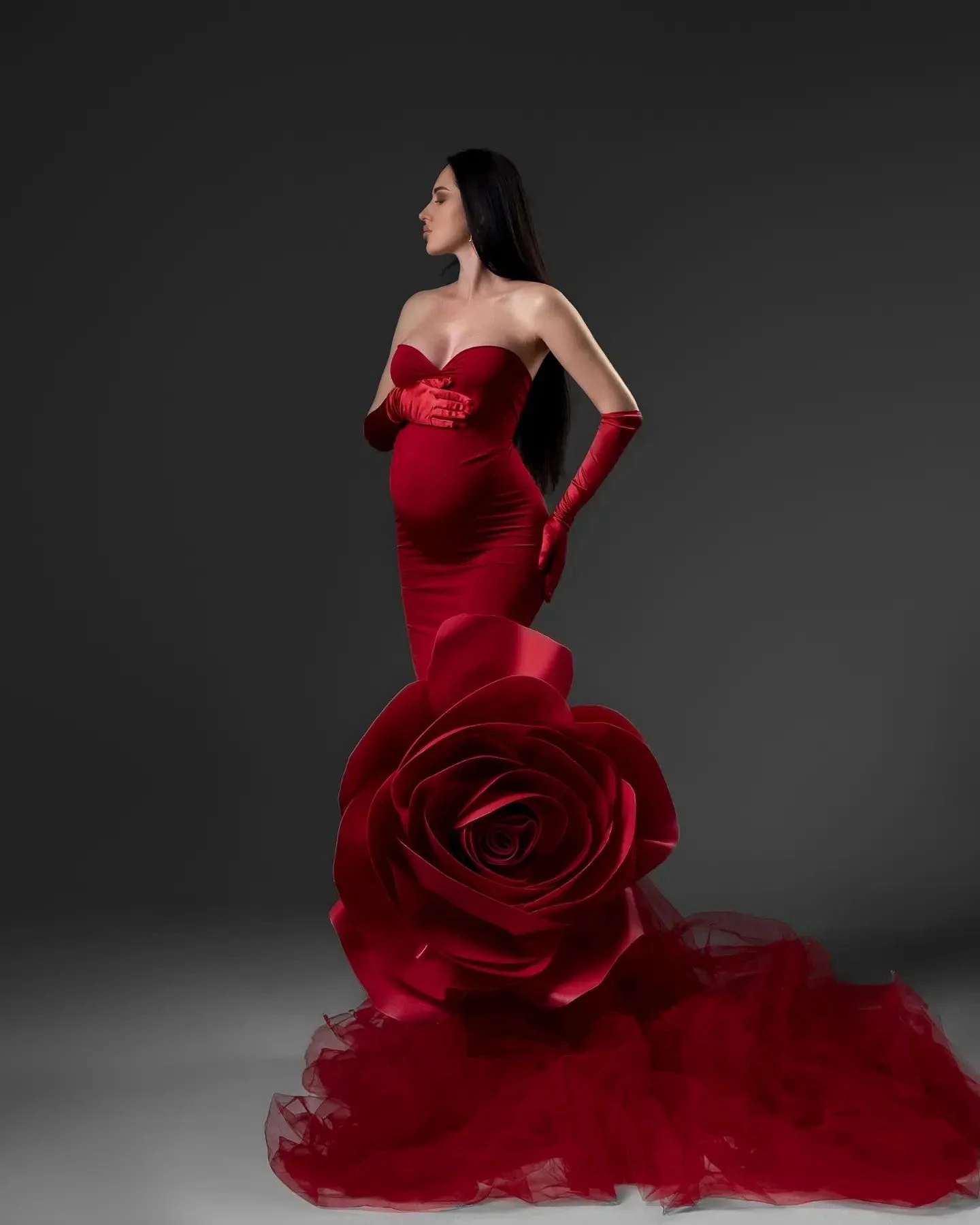 Modern Designer Floral Shaped Prom Dress for Women Strapless Spandex Mermaid Long Evening Dresses Sweetheart Red Maternity Party