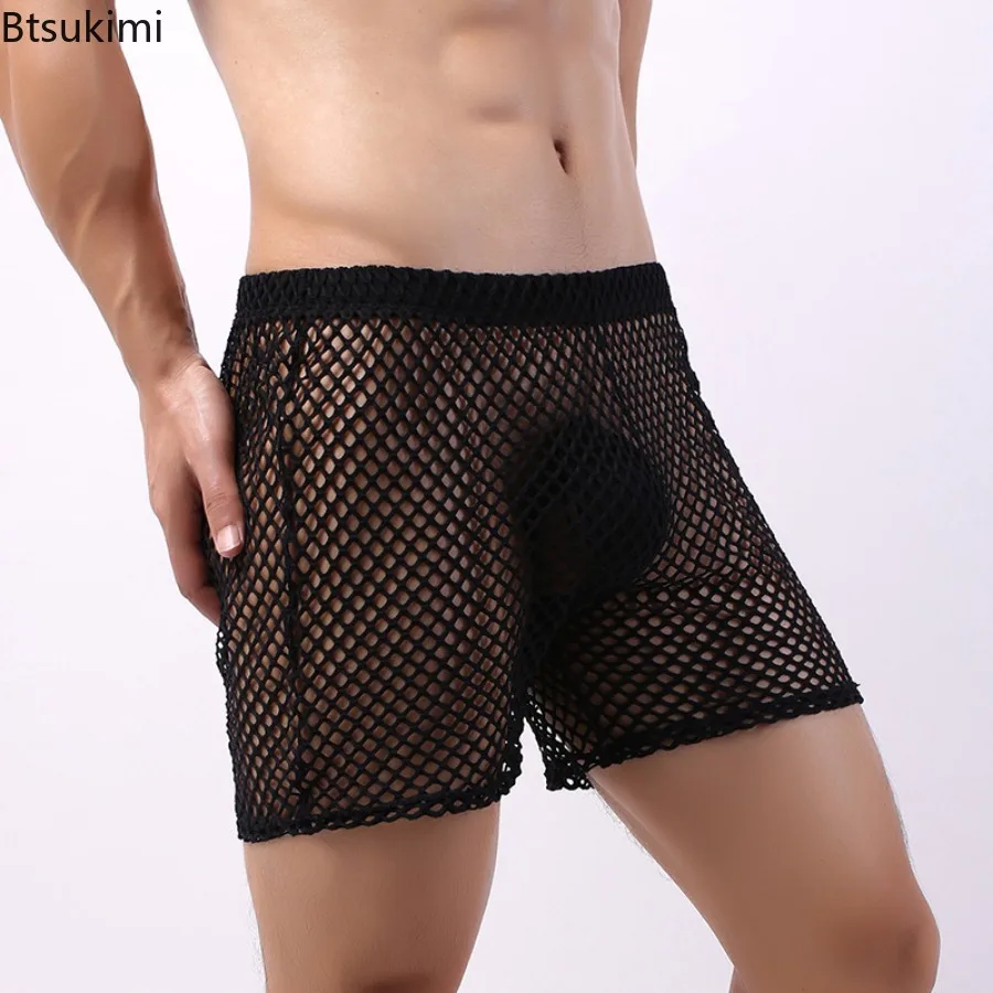 Sexy Men Mesh Boxer Shorts New Fashion Hollow Out Fishnet Panties Transparent Breathable Underwear Pajama Pants Men Sport Shorts