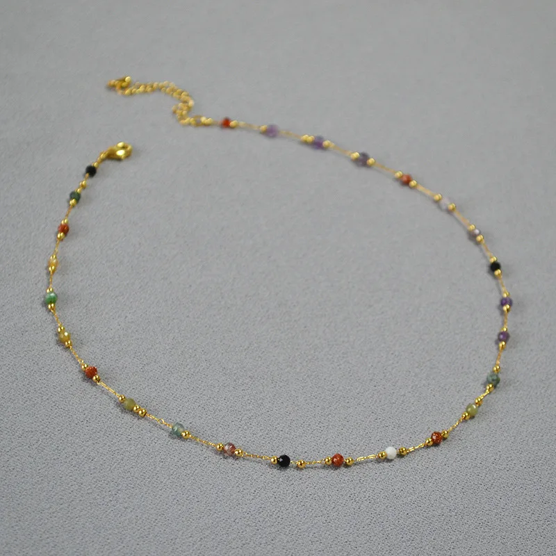 Vintage Sweet Colourful Natural Stone Dainty Simple Short Clavicle Necklace, Versatile Women Neck Jewellery