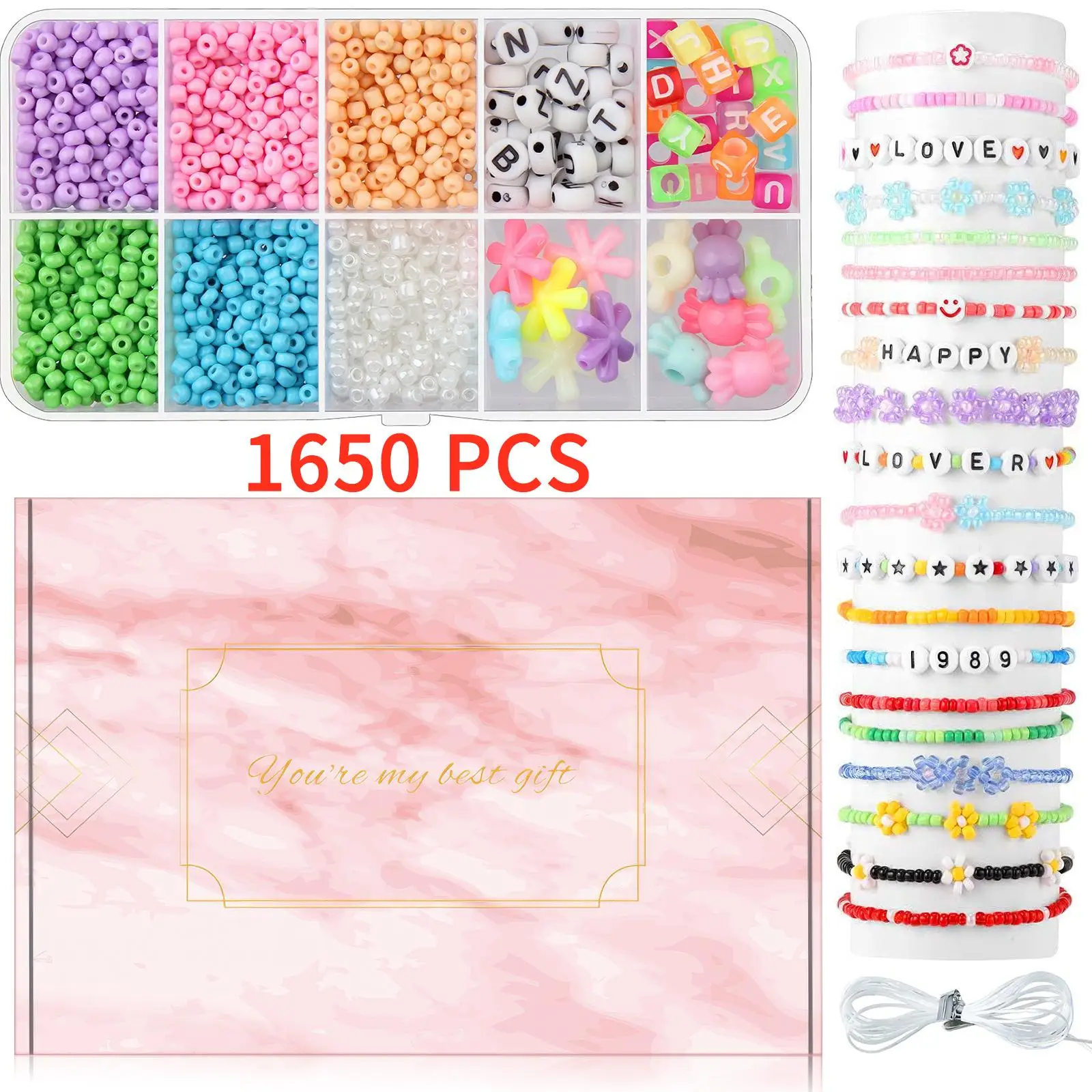 Juego de accesorios de cuentas DIY para niñas, joyería de letras para niñas, juego de manualidades de abalorios de cumpleaños, regalo de cumpleaños para niñas, 1650 piezas por juego