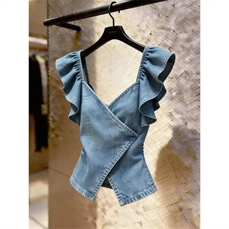 Nuevo Chaleco Vaquero de Estilo Coreano para Mujer, Colección Verano-Otoño 2026, con Volantes, Sin Mangas, Chaqueta Vaquera de Moda para Mujer