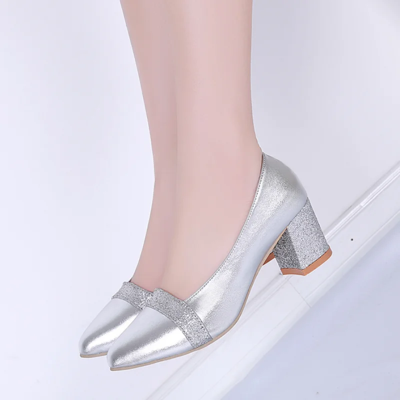 

Summer Sexy Fashion Women Elegant Med Heel Shoes Woman Slip on Pointed Toe Pumps Shoes Ladies Gold Silver Bling Shoes Size 35-41